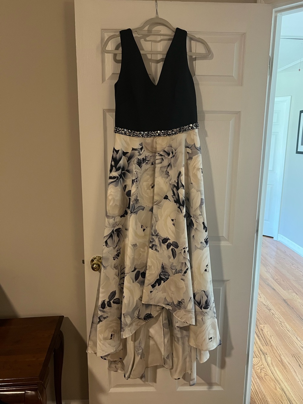 Black and White Floral V-Neck Wedding Guest Dress